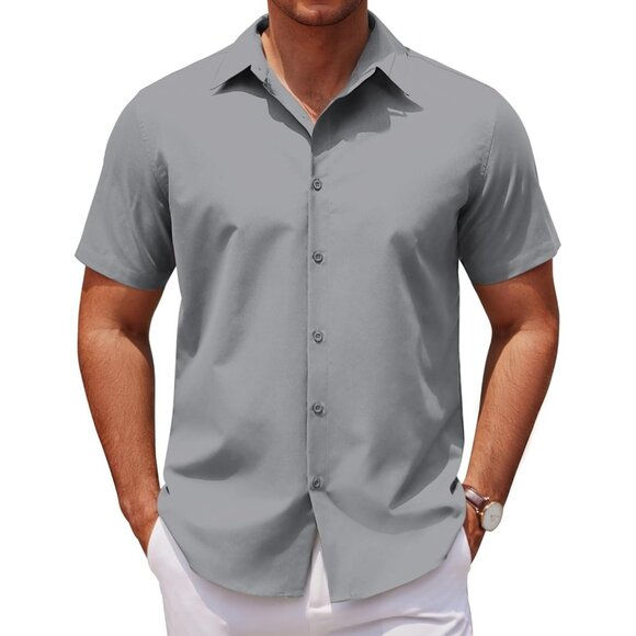 Light Grey Men Short Sleeve Button Down Untucked Dress Wrinkle Free Shirt - Picture 1 of 5